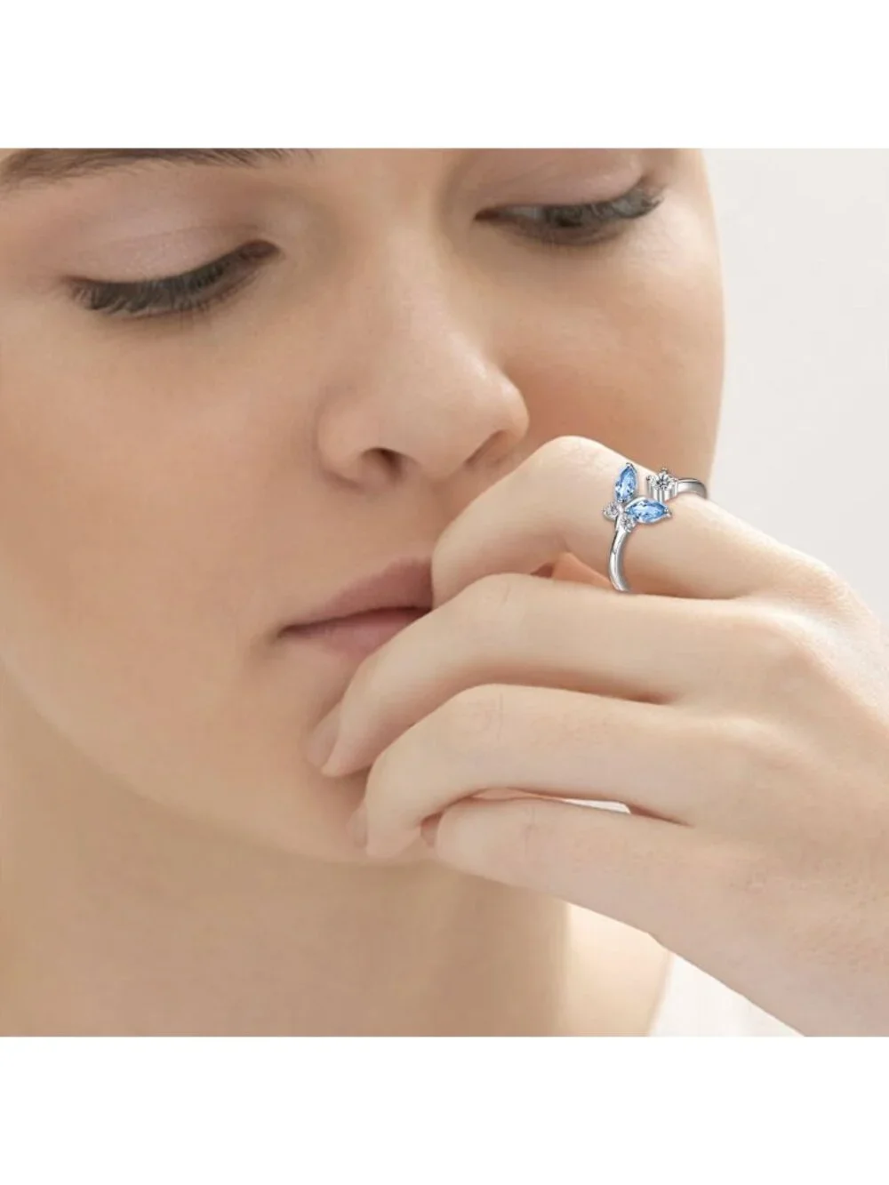Sterling Silver Butterfly Adjustable Ring with Austrian Crystal, Size 6-10, Gift